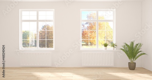 Stylish empty room in white color with autumn landscape in window. Scandinavian interior design. 3D illustration