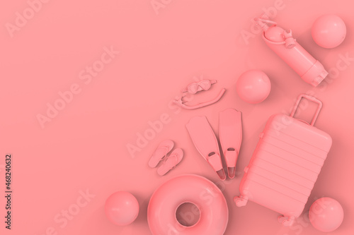 Monochrome suitcase or baggage with beach accessories on pink background.