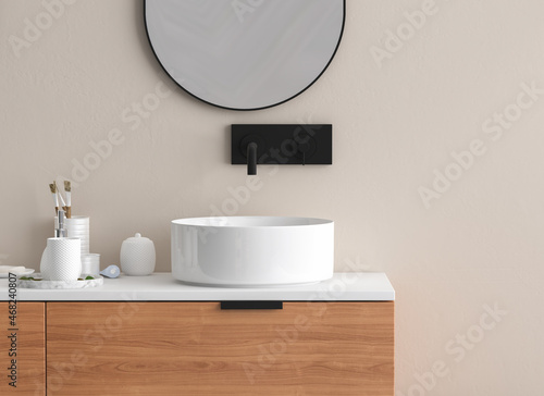 Close up of sink with oval mirror standing in on beige wall , wooden cabinet with black faucet in minimalist bathroom.Front view. 3d rendering
 photo