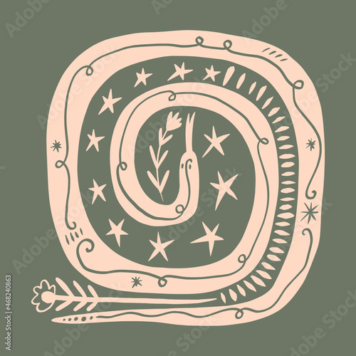 Magic boho doodle scandi circle snake animal vector illustration