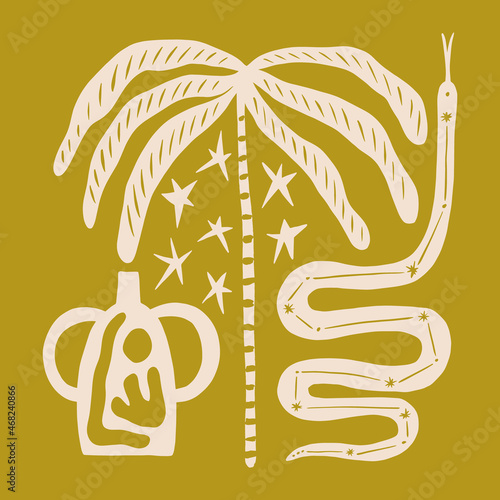 Magic boho doodle snake animal and palm tree jungle vase vector illustration