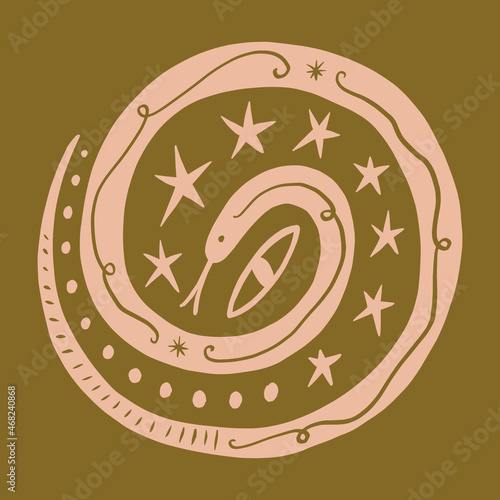 Magic boho doodle scandi circle snake animal vector illustration