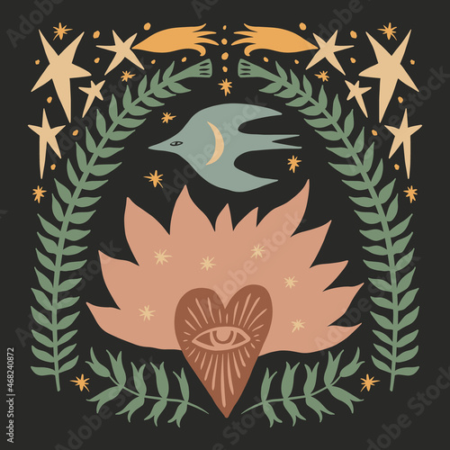 Boho naive handdrawn style art bird and sacred heart night stars love peace and freedom concept