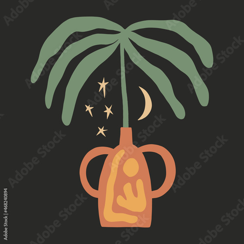 Potted palm tree boho night moon scene