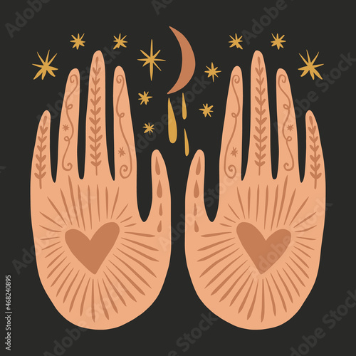Magical boho hands art mystical Reiki meditation witchcraft sacred symbol vector illustration