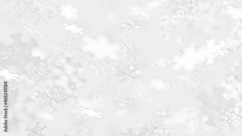 White snowflakes falling and rotating on a light background.
4k video, 3d rendering. Concept of winter, holidays, christmas