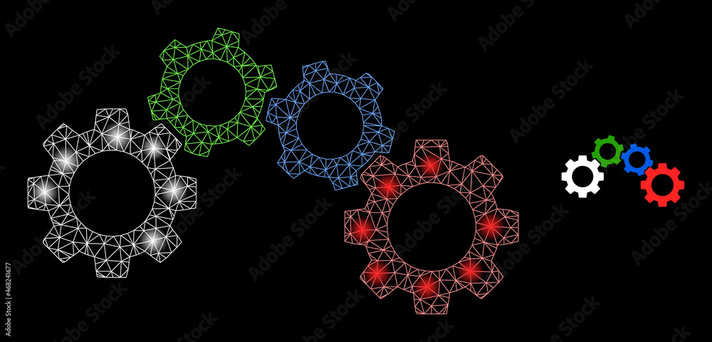 Glossy polygonal mesh web cogwheel mechanism icon with glare effect on a black background. Constellation cogwheel mechanism iconic vector with glitter points in stardust colors.