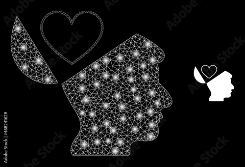 Glossy polygonal mesh web favourites open mind icon with glare effect on a black background. Network favourites open mind iconic vector with glitter points in bright colors.