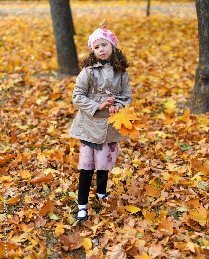 Portrait of a unhappy child in an autumn park. Sad girl standing with fallen yellow leaves. Portrait of a unhappy child in an autumn park. Sad girl standing with fallen yellow leaves.