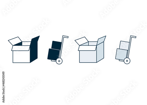 icône ou pictogramme montrant un carton et un diable ou chariot pour le transport d'objets lourds ou pour les déménagements