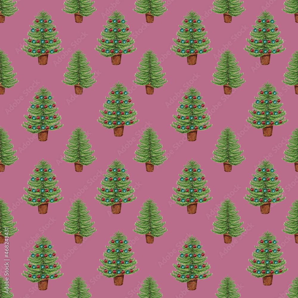 Festive Christmas tree pattern, Watercolor winter pattern, Wrapping paper ornament, Watercolor Christmas background,  Fabric pattern, Seamless wallpaper, Fir tree pink background