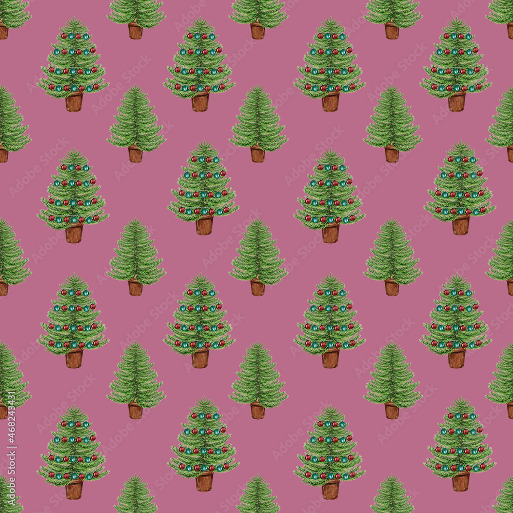 Obraz premium Festive Christmas tree pattern, Watercolor winter pattern, Wrapping paper ornament, Watercolor Christmas background, Fabric pattern, Seamless wallpaper, Fir tree pink background