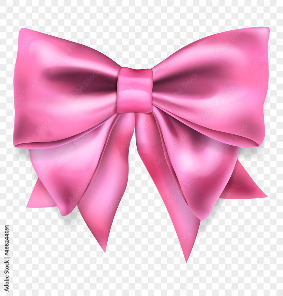 Beautiful big bow made of pink ribbon with shadow, isolated on transparent background. Transparency only in vector format