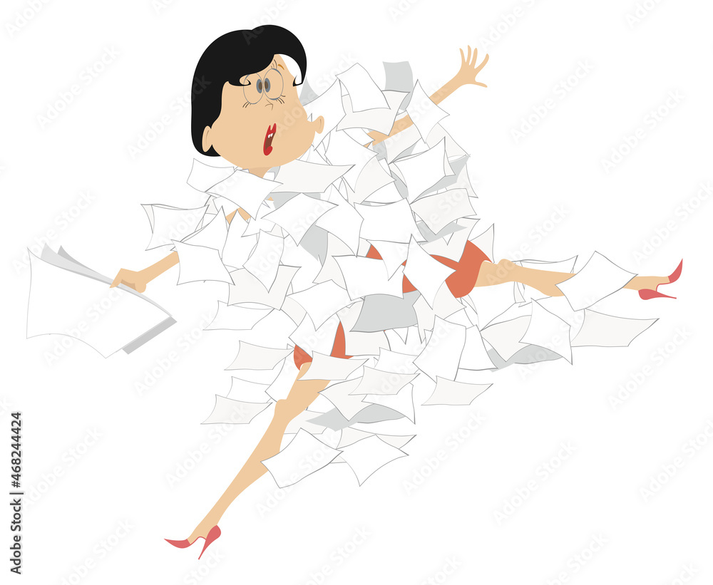 Businesswoman and a pile of papers illustration. 
Young woman lies under the big pile of papers or documents isolated on white background

