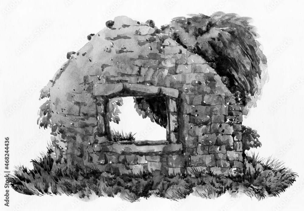 Fototapeta premium Ruins of an old castle. Watercolor drawing. Sunny day landscape. Old building. 