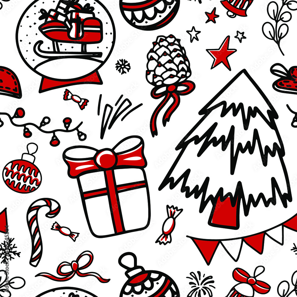 Vector seamless pattern. New Year and Christmas elements on white background: Tree, stars, snowball, gift, present, ball, sweets
