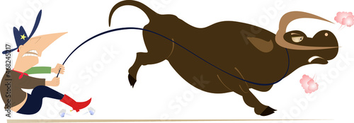 Bull runs away from the rider illustration. 
Funny famer or cowboy tries to stop a bull with lasso isolated on white background
