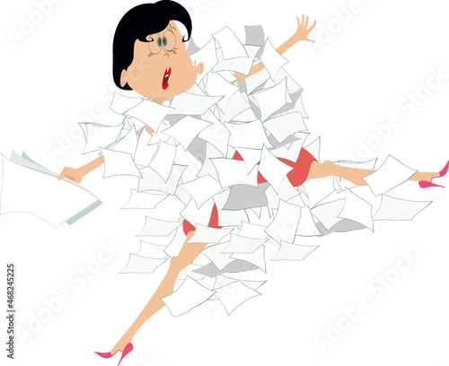 Businesswoman and a pile of papers illustration. 
Young woman lies under the big pile of papers or documents isolated on white background
