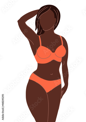 Illustration of pretty woman in bikini. Bra and panties set. Abstract figure.