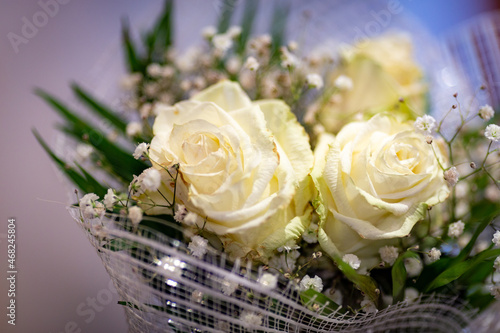 Close up white rose flowers in bouquet with blurry background