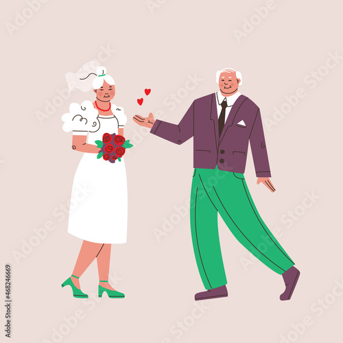 The wedding of an elderly man and woman. Bride and groom in a suit and holding flowers, wedding anniversary. Cute vector isolated illustration.