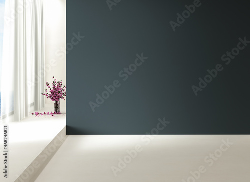 Room with empty dark blue wall background in modern house, Minimal interior design of cozy home . 3D rendering