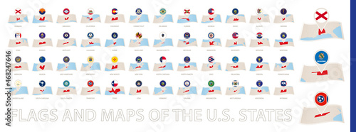 Collection of folded paper maps with a flag pin of US States, sorted alphabetically. Flags and maps of the U.S. States.