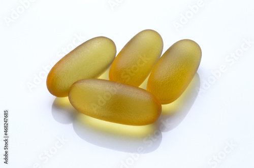 Omega 3 Fish Oil Supplement Capsules on a White Background.
