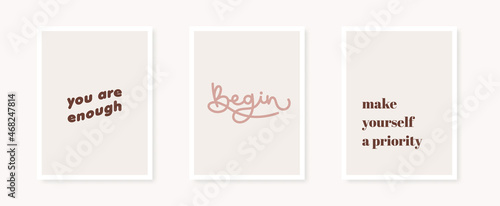Inspirational quotes about self care poster collection. Neutral colors. Minimalist wall decoration, print or postcard. Vector illustration, flat design