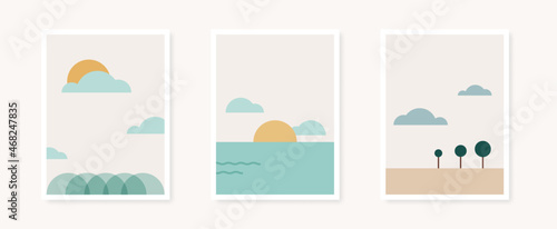 Abstract geometrical shapes poster collection. Geometric landscapes. Minimalist wall decoration, print or postcard. Vector illustration, flat design