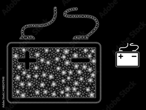 Glossy polygonal mesh web accumulator battery icon with glow effect on a black background. Carcass accumulator battery iconic vector with glitter points in vibrant colors.