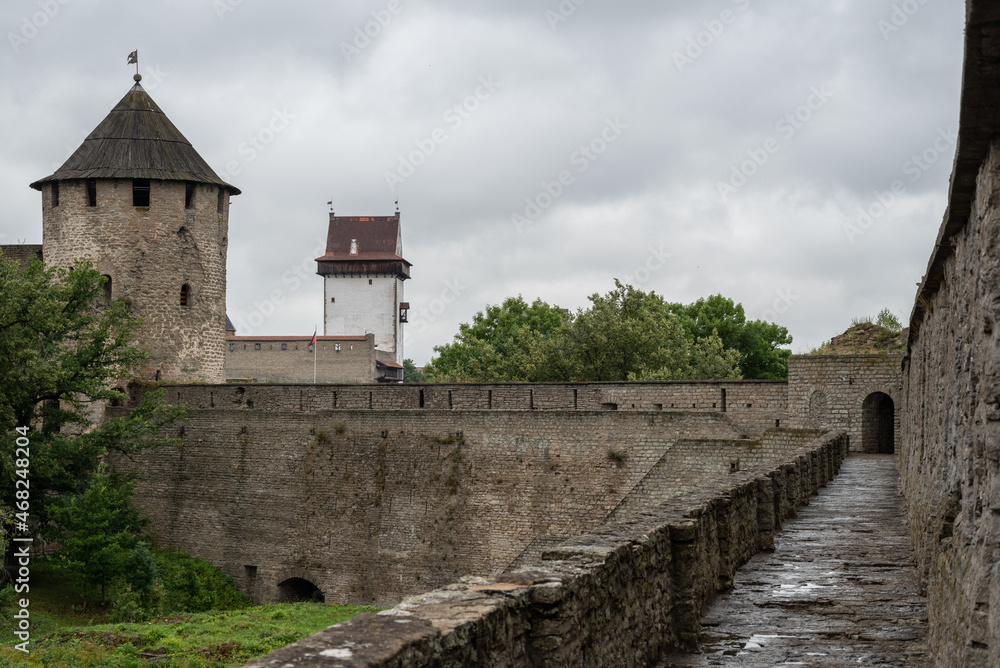 View to Narva castle from walls of Ivangorod forteress. Invangorod, Russia