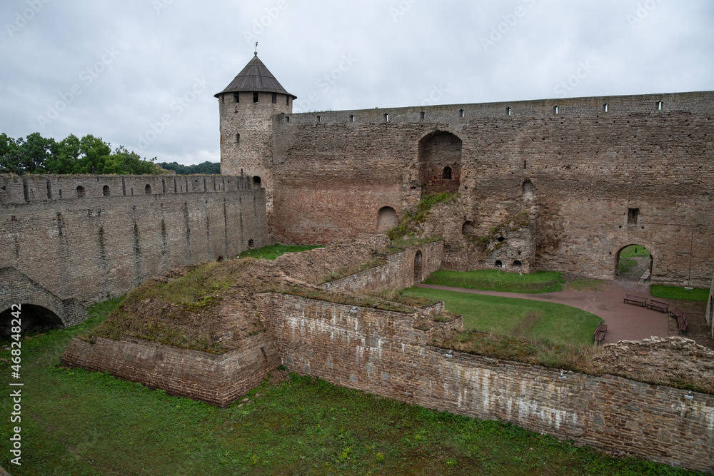 Fortress ruins from 1492 and the inner wall of  Ivangorod Fortress. Russia