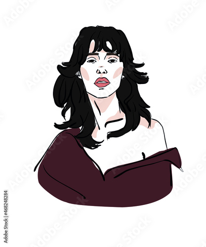 portrait illustration girl sketch face red shirt shaggy black air black eyes