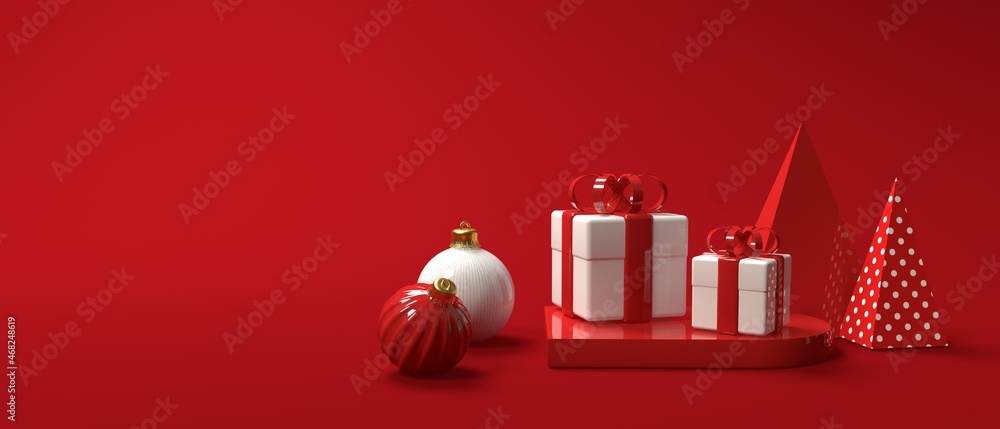 Christmas gift boxes and ornaments - 3D render illustration - obrazy, fototapety, plakaty 