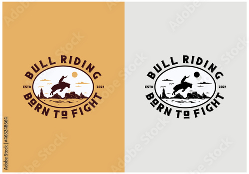 Cowboy design riding a bull in the desert premium vector