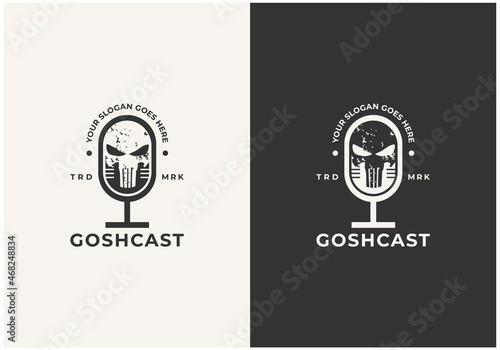 horror podcast logo design with skull in mic premium vektor