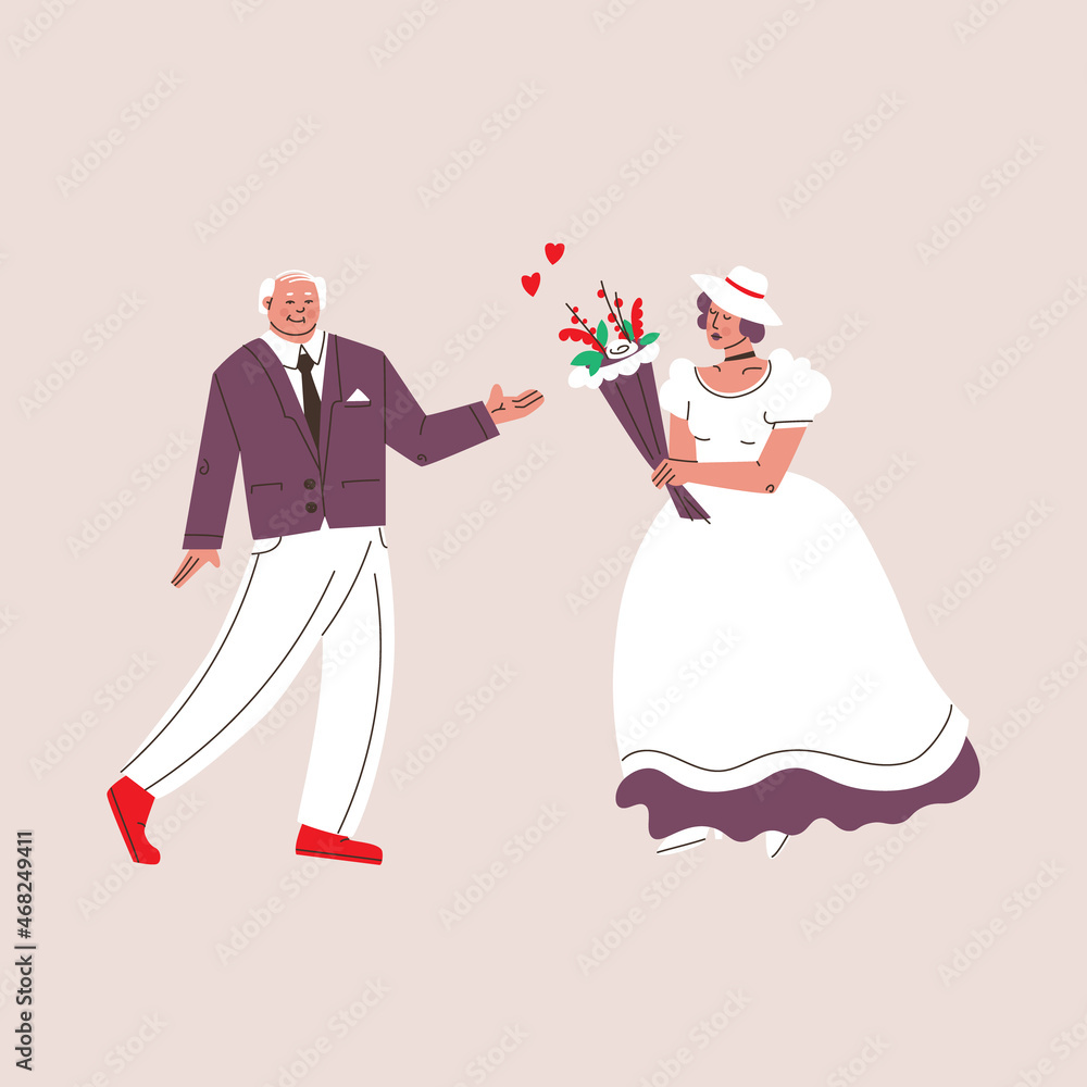 Young woman bride in a wedding dress, hat and a bouquet of flowers in her hands. Elderly man in a suit. Vector cute characters. Young woman bride in a wedding dress, hat and a bouquet of flowers in her hands. Elderly man in a suit. Vector cute characters.