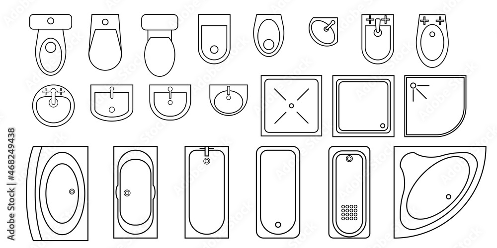 Bathroom furniture top view. Architectural uncolored set for interior design. Vector collection