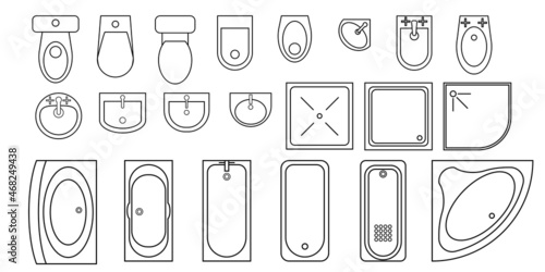 Bathroom furniture top view. Architectural uncolored set for interior design. Vector  collection. Baths, shells, toilets, bidets, urinals, showers. View from above. Vector illustration in flat style.