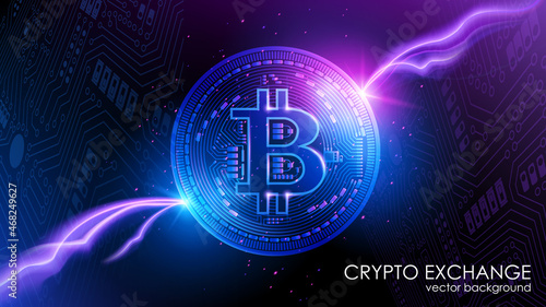 Neon bitcoin on a dark blue background. Abstract vector image. Flash of electric lightning against the background of computer microchips. Digital electronic currency. Cryptocurrency. Online banking.