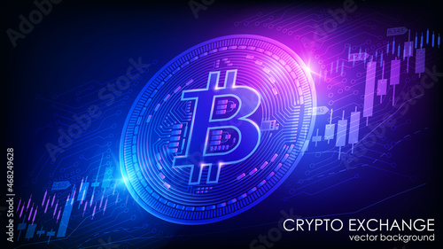 Neon bitcoin on a dark blue background. Abstract vector image. Cryptocurrency growth charts and stock charts. Online banking and e-commerce. Digital electronic currency. Future technologies..
