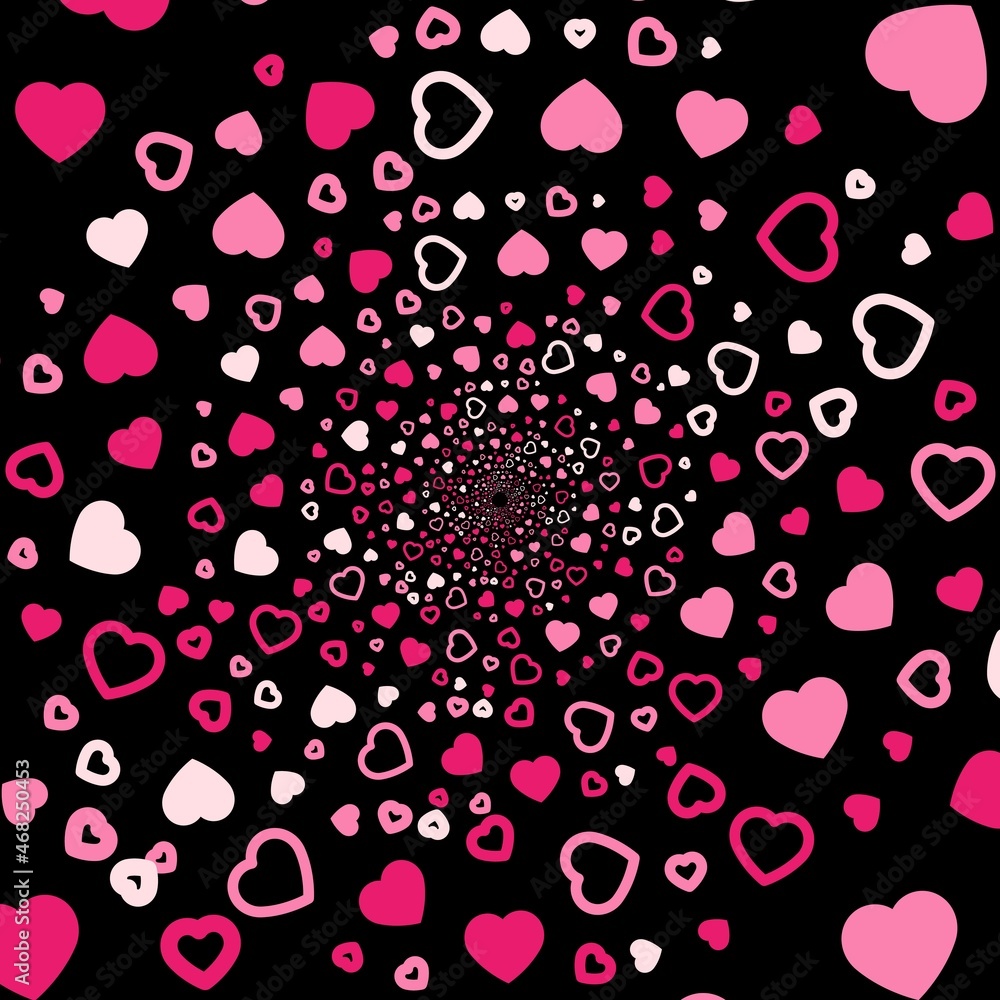 A background with place for your content. Black hole colorful. Abstract background. Hearts geometric, hearts background. Hearts Hipster. Abstract Psychedelic. Endless round tunnel. Valentine's Day.
