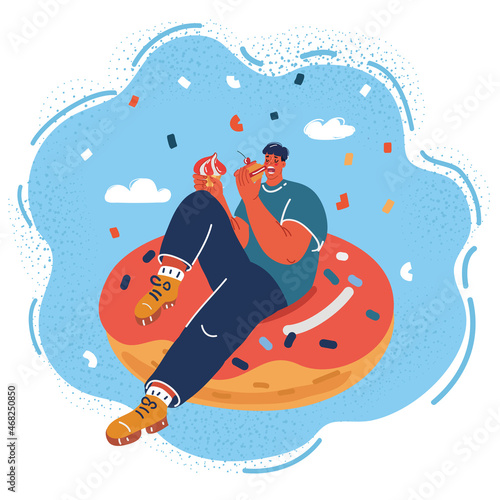 Vector illustration of man holding cake and eating donut.