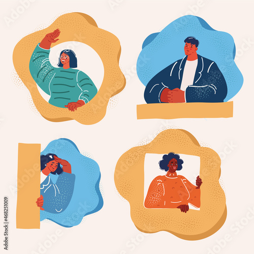 Vector illustration of People in a geometric holes and shapes. They hide, peep out, hang out, look with interest and curiosity.