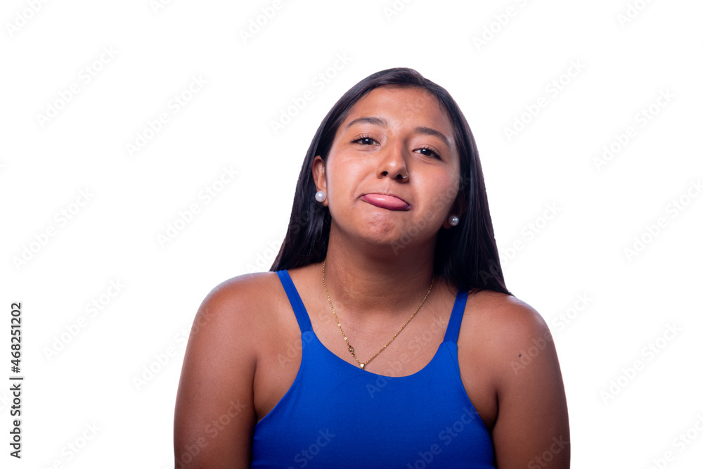 Dramatic woman making a sad face. Black woman acting sad. Black skinned latin girl showing sadness with her lips, isolated on all white background. Dramatic woman making a sad face. Black woman acting sad. Black skinned latin girl showing sadness with her lips, isolated on all white background.