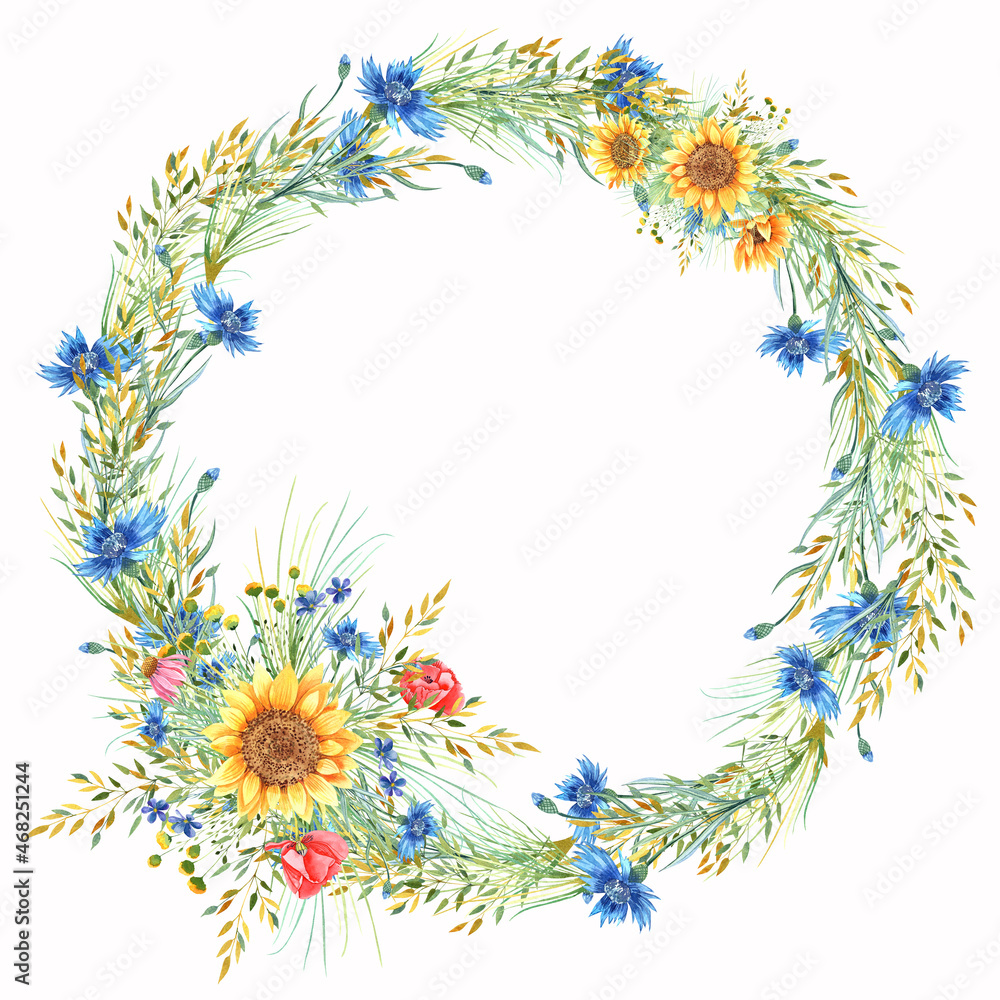 Sunflower wreath, wild flowers. Isolated elements on a white background. Hand painted in watercolor.