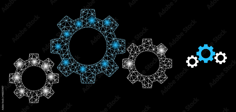 Glossy polygonal mesh net gear transmission icon with glitter effect on a black background. Wire frame gear transmission iconic vector with illuminated points in majestic colors.