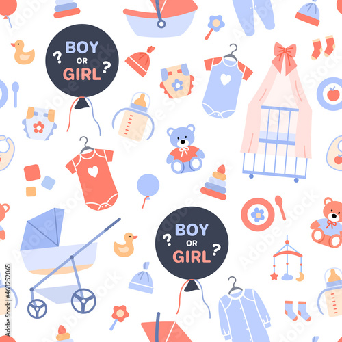 Gender reveal party color seamless pattern design. Flat black balloon with text boy or girl on white baby background with newborn icons clothing crib diaper. Wallpaper repeat tile vector illustration.