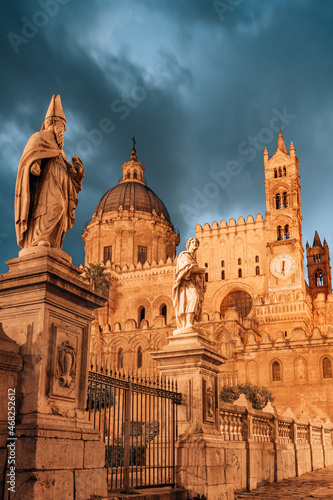 Palermo Cathedral Duomo di Palermo at night in Palermo, Sicily, Italy.